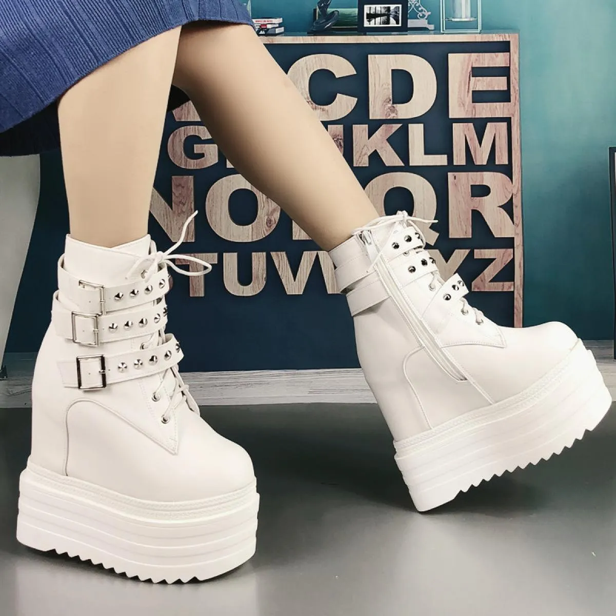 Platform Muffin Stivali da donna Stivaletti Tacchi alti Stivali da donna Rivetto con zeppa da 14 cm