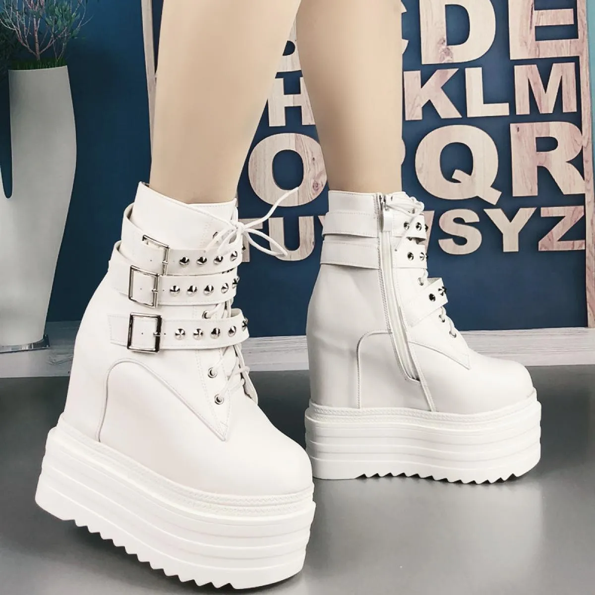 Platform Muffin Stivali da donna Stivaletti Tacchi alti Stivali da donna Rivetto con zeppa da 14 cm