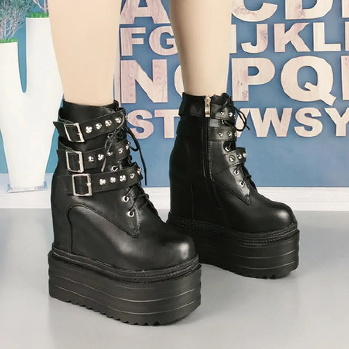 Platform Muffin Stivali da donna Stivaletti Tacchi alti Stivali da donna Rivetto con zeppa da 14 cm