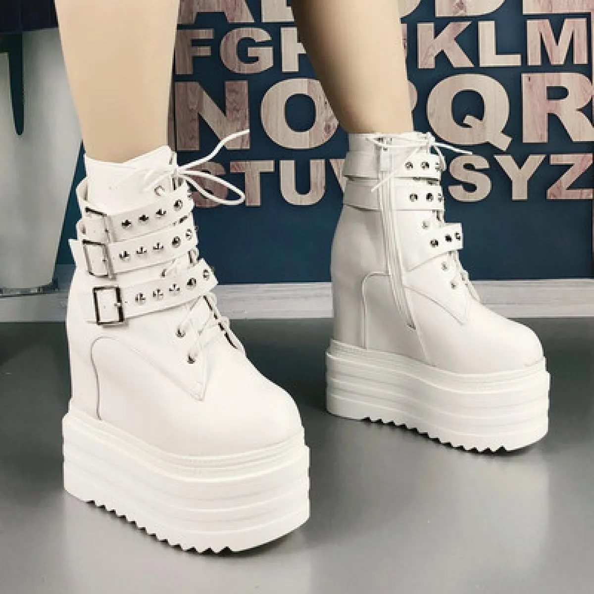 Platform Muffin Stivali da donna Stivaletti Tacchi alti Stivali da donna Rivetto con zeppa da 14 cm