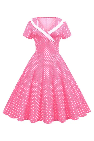Rosa Pois V-Neck maniche corte Abito 1950