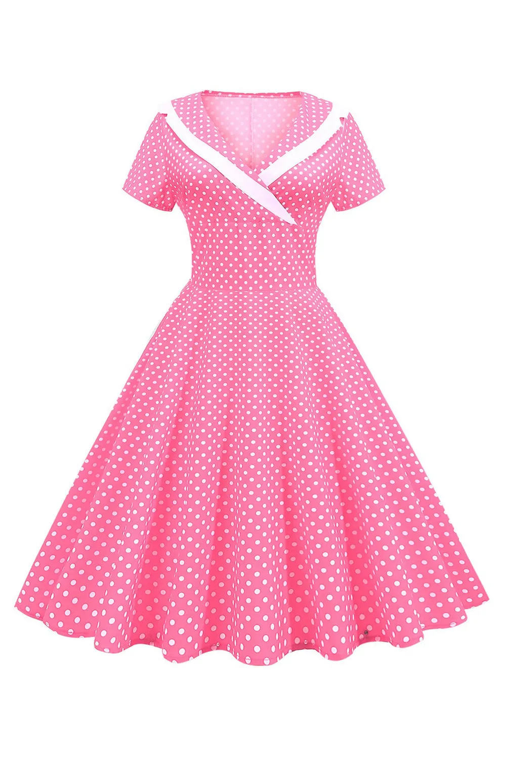 Rosa Pois V-Neck maniche corte Abito 1950
