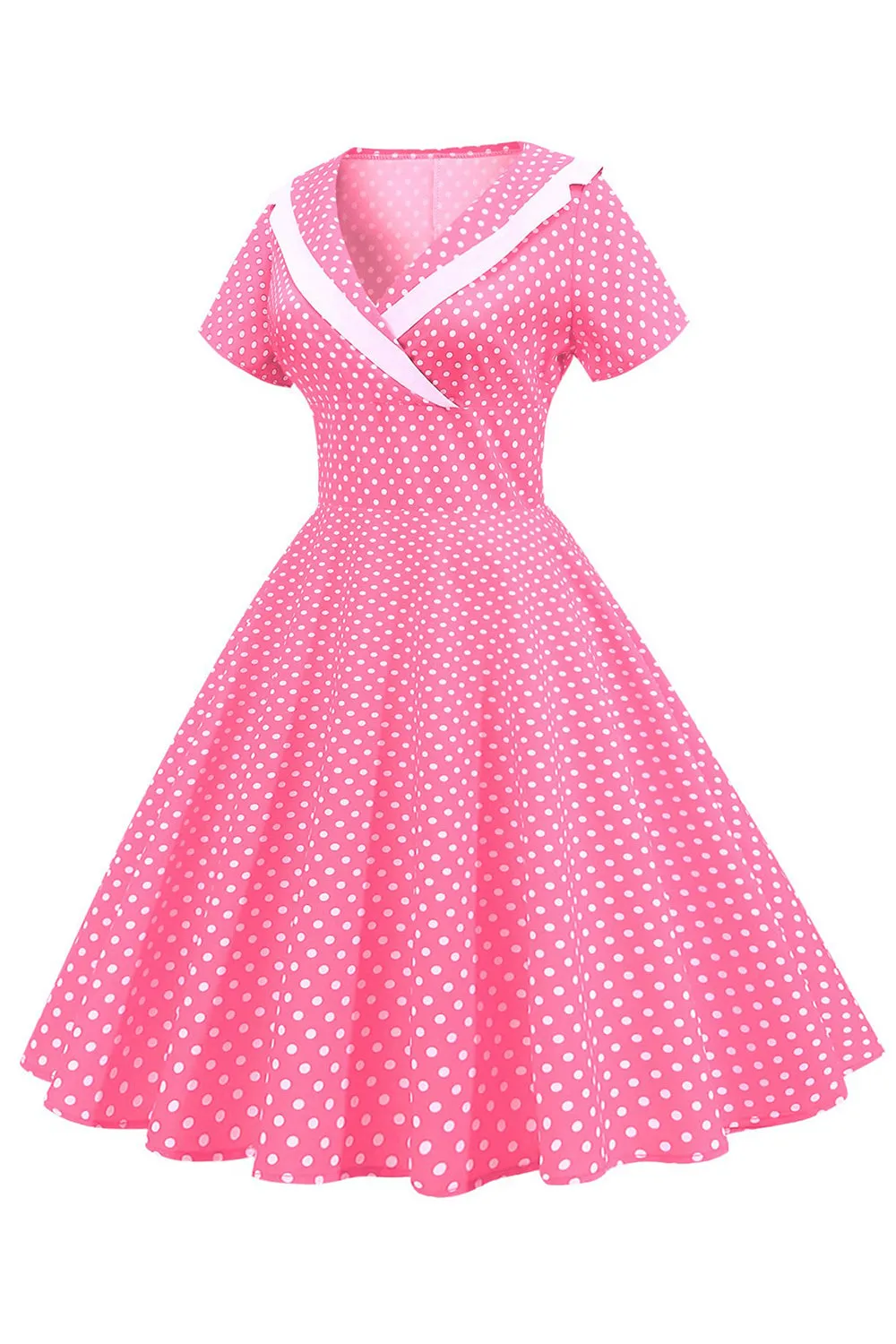 Rosa Pois V-Neck maniche corte Abito 1950