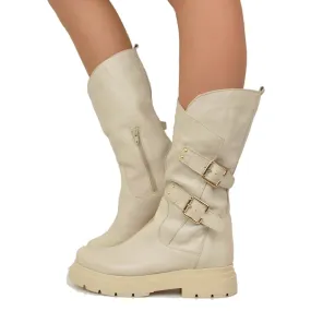 Stivali Donna Biker Beige con Fibbie e Zip Laterale Made in Italy