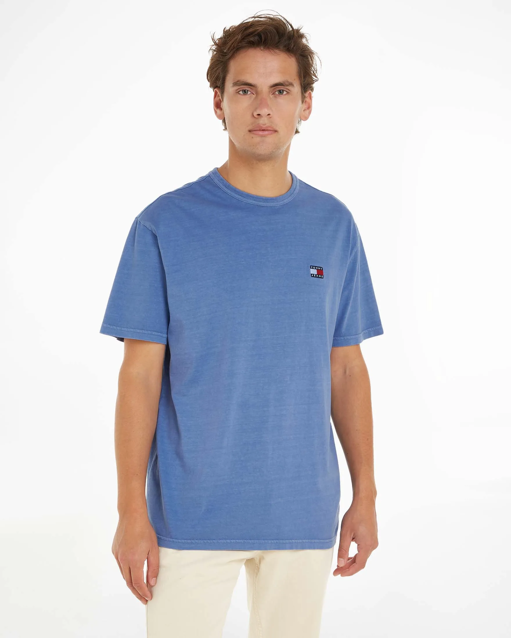 T-shirt blu indaco mezza manica in cotone stone washed con flag piccolo sul petto
