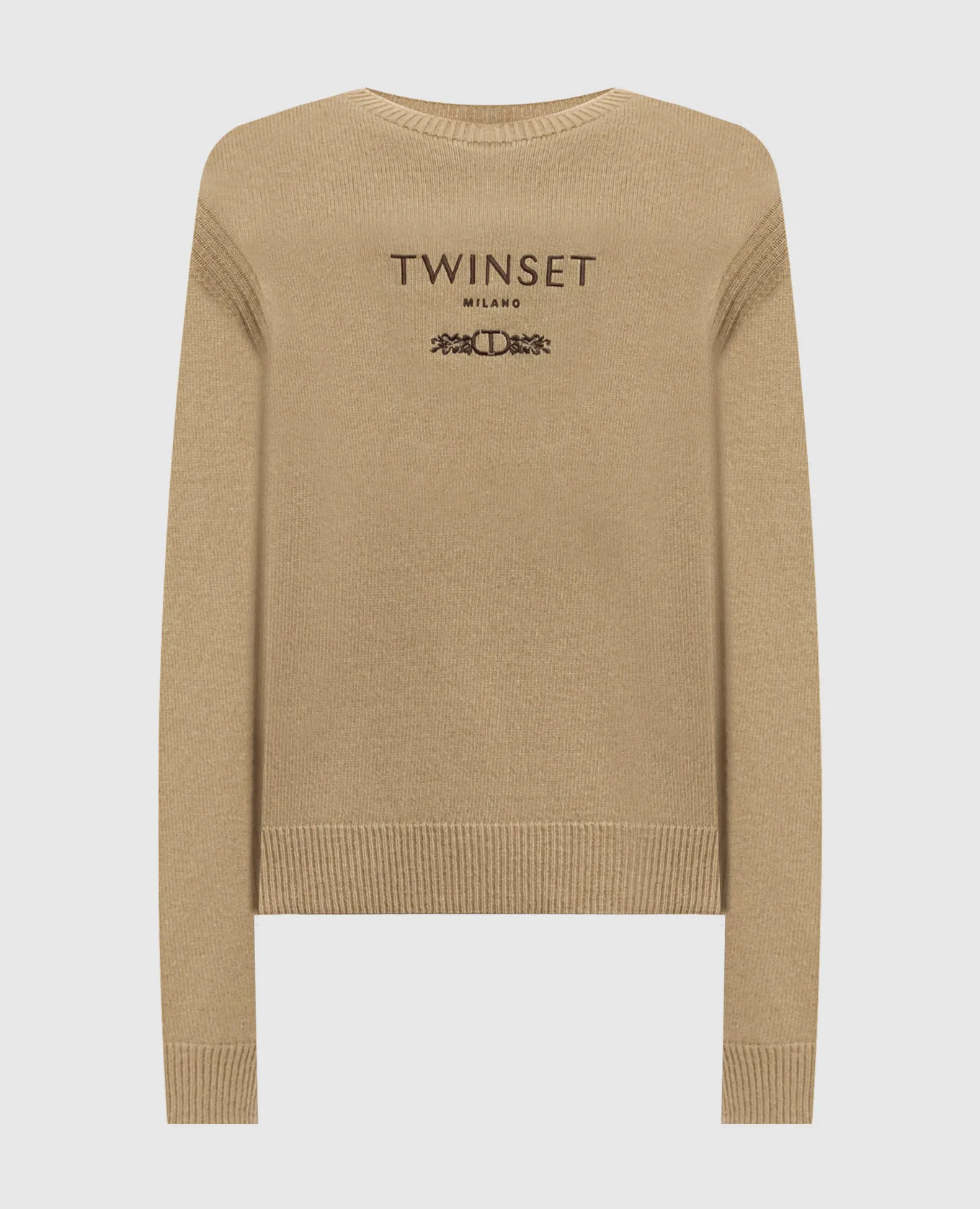 Twinset Maglia marrone in lana e cashmere con ricamo logo 242TP3800
