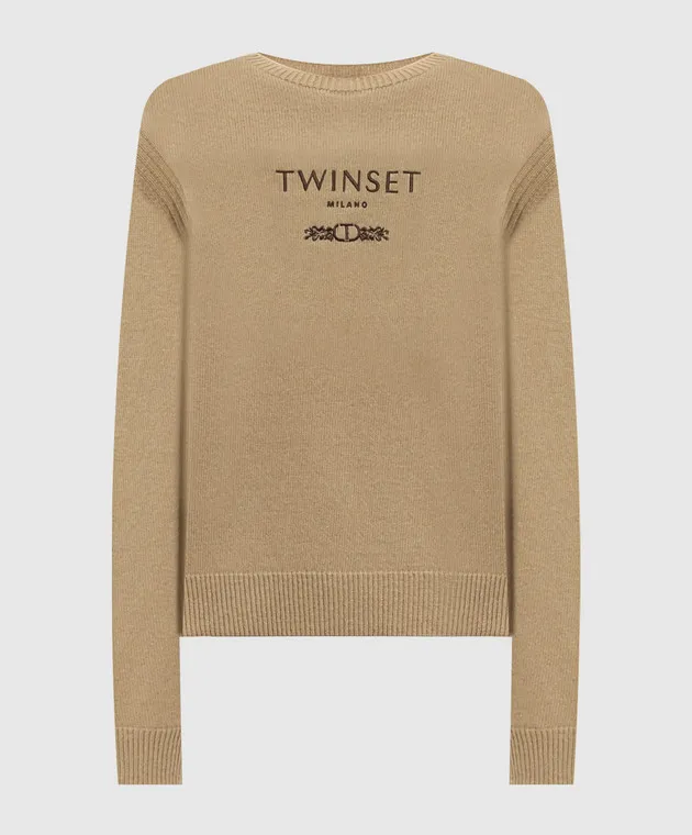 Twinset Maglia marrone in lana e cashmere con ricamo logo 242TP3800