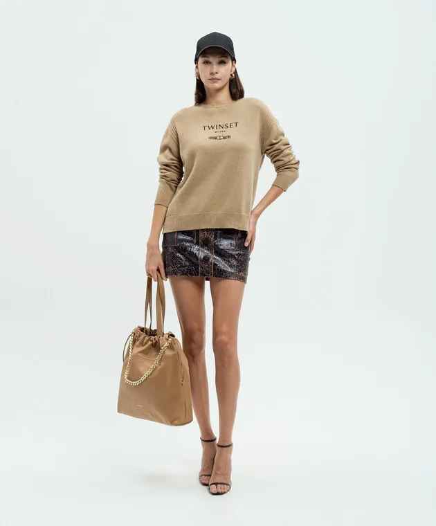 Twinset Maglia marrone in lana e cashmere con ricamo logo 242TP3800