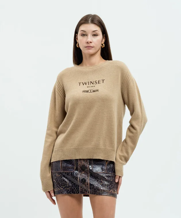 Twinset Maglia marrone in lana e cashmere con ricamo logo 242TP3800