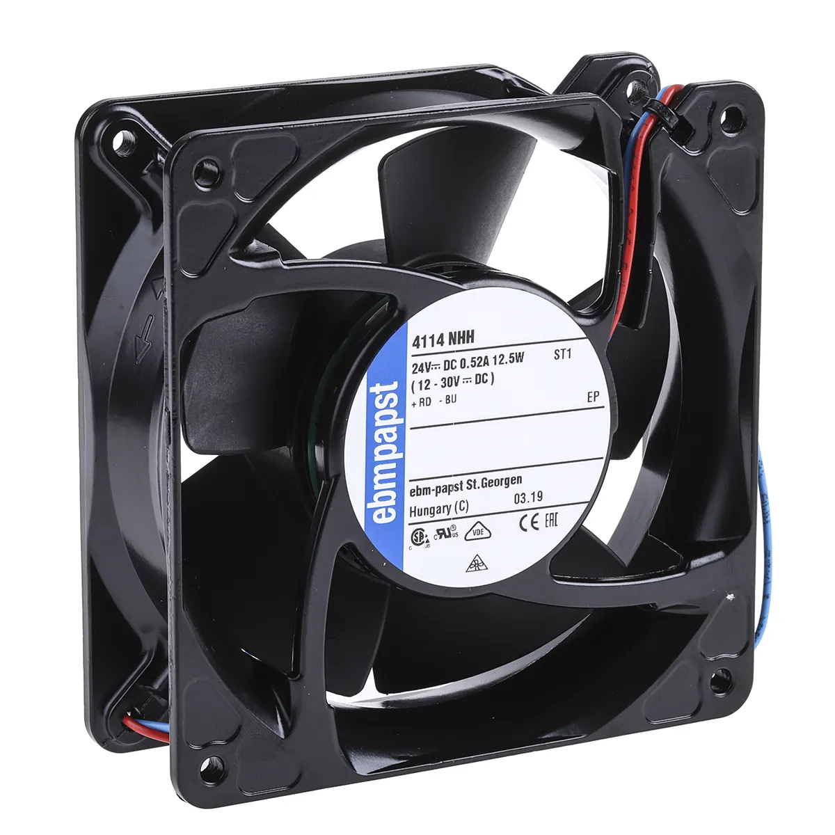 Ventola assiale in c.c. ebm-papst 4100 NHH - S-Force, 260m³/h, 24 V c.c., 119 x 119 x 38mm, Ø 125mm