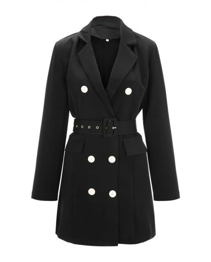 Vestito da blazer da ufficio alla moda da donna Vestito vintage a maniche lunghe a doppio petto con cintura in tinta unita Abito