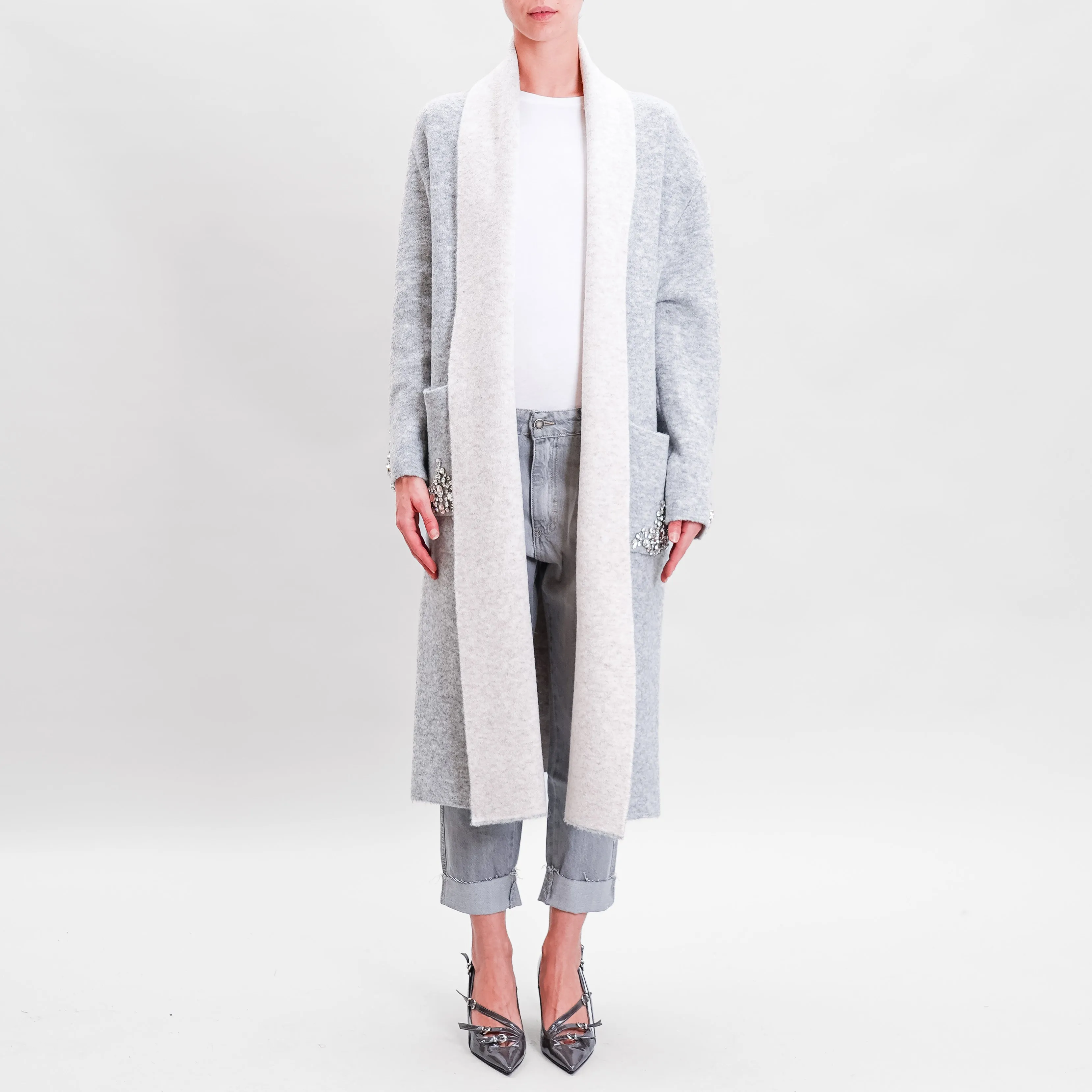 Vicolo-Cappotto misto lana dettagli gioiello - grigio melange/casha