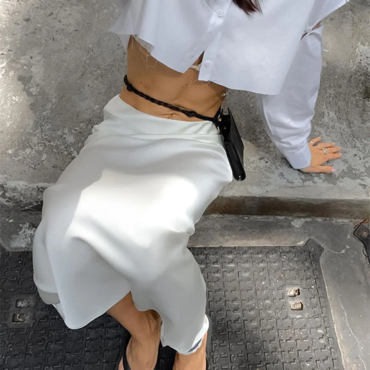 White Fashion Gonna lunga a vita alta per donna Casual Party Holiday Abiti slim Elegante estate 2023 Basic Solid Lo