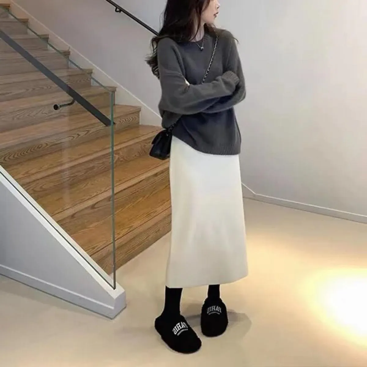 Xpqbb Gonne lavorate a maglia stile delicato per le donne Autunno Inverno Tutte le partite Gonna lunga a vita alta Gonne longuet