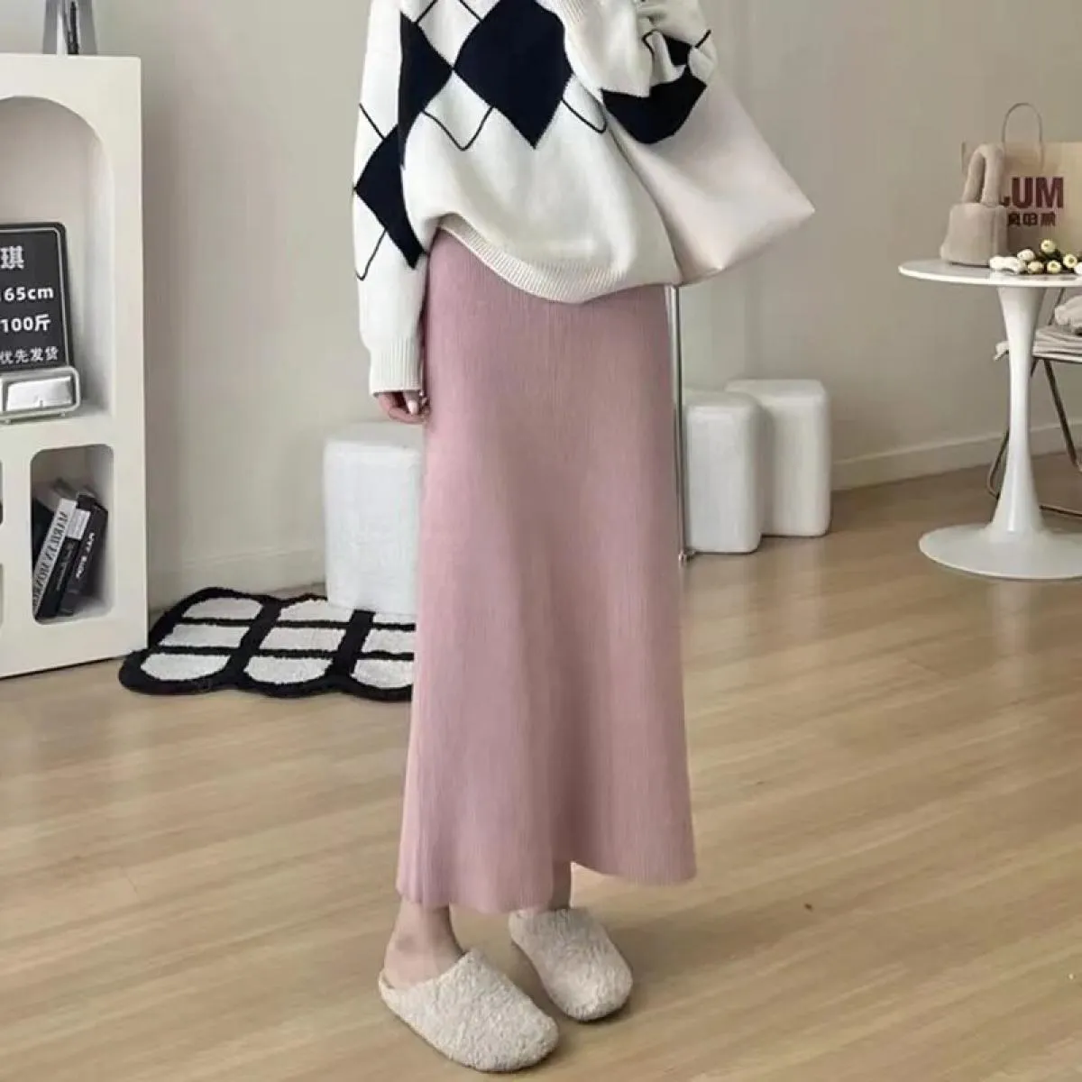 Xpqbb Gonne lavorate a maglia stile delicato per le donne Autunno Inverno Tutte le partite Gonna lunga a vita alta Gonne longuet