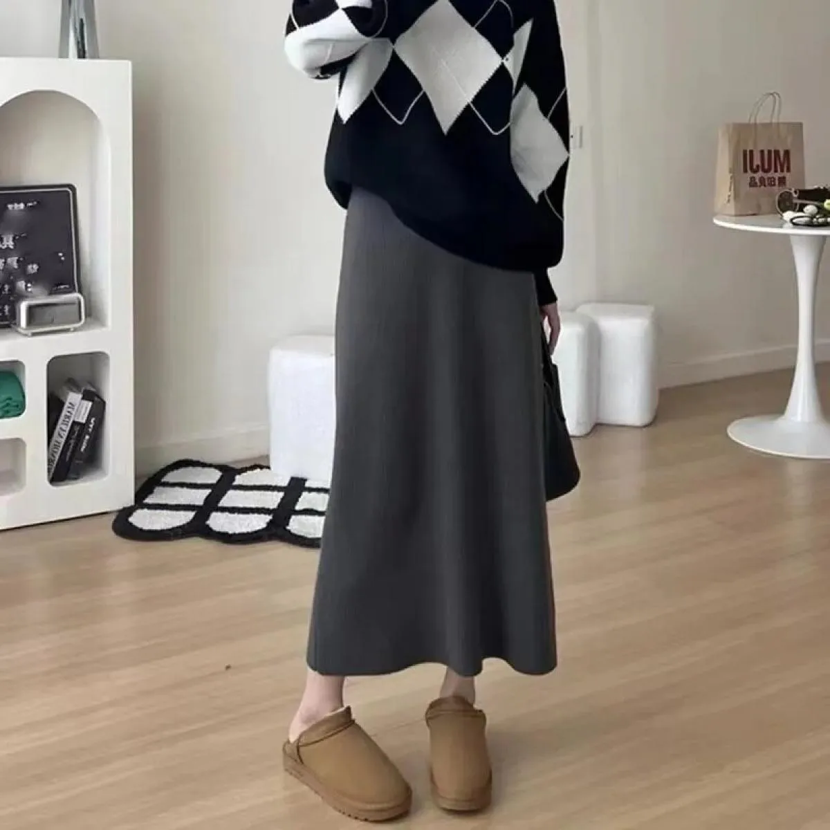 Xpqbb Gonne lavorate a maglia stile delicato per le donne Autunno Inverno Tutte le partite Gonna lunga a vita alta Gonne longuet