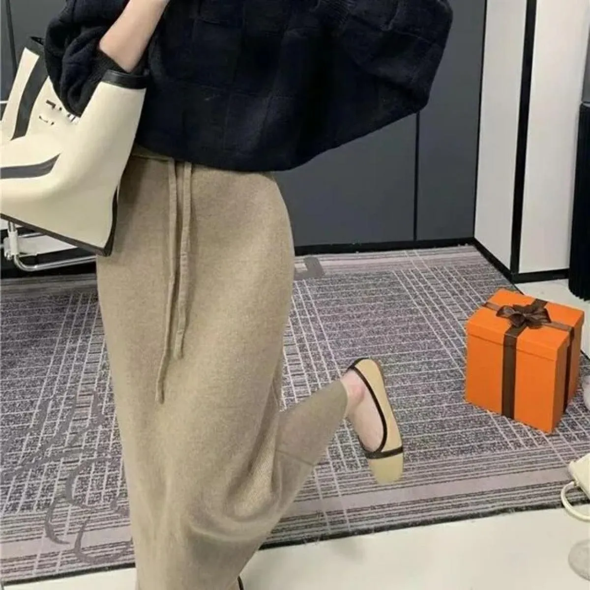 Xpqbb Gonne lavorate a maglia stile delicato per le donne Autunno Inverno Tutte le partite Gonna lunga a vita alta Gonne longuet